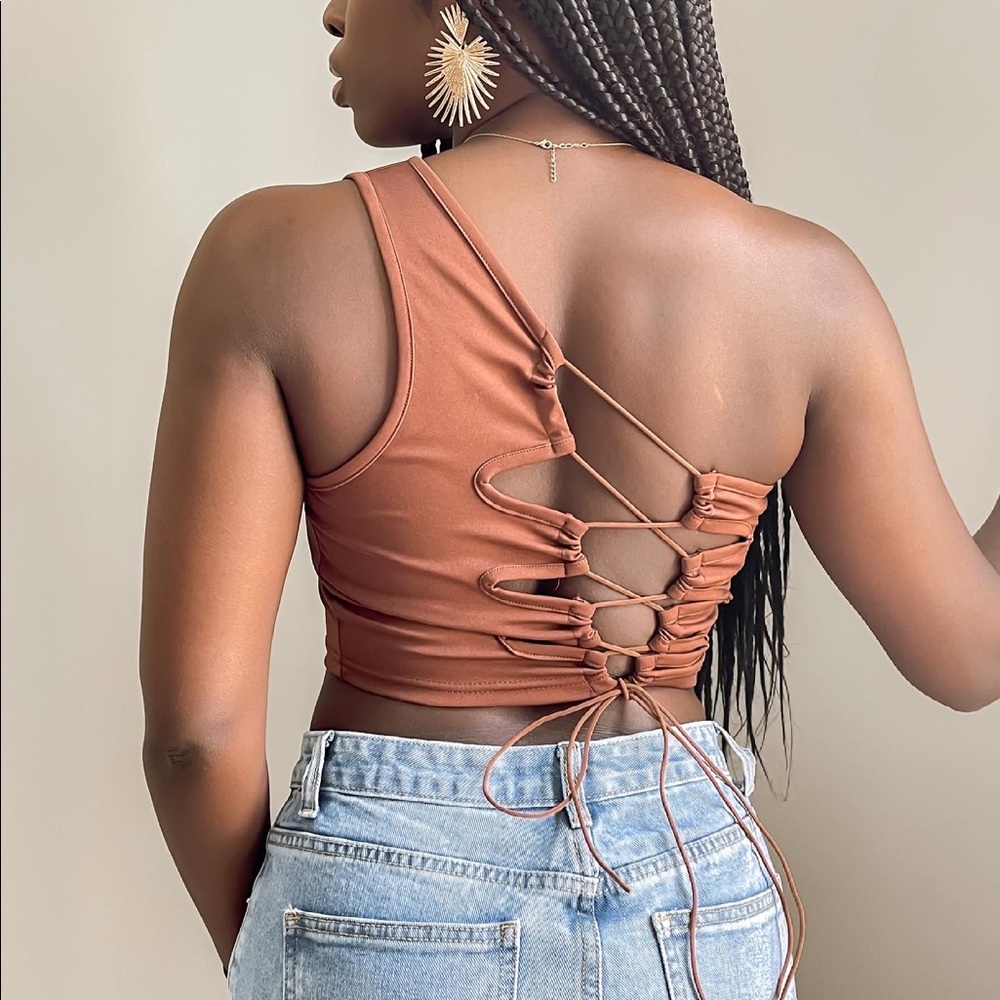 Brown Reversible One Shoulder Lace Up Top